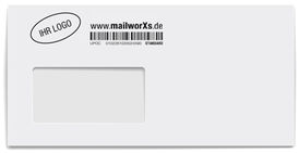 mailworXs Kuvert mit Barcode und Firmenlogo in sw
